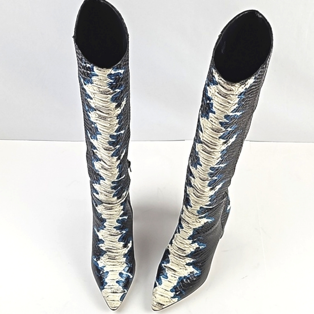 Gianni Bini Kellbie Leather Snakeskin Texture Black Cream Blue Heeled Tall Boot - Picture 8 of 16